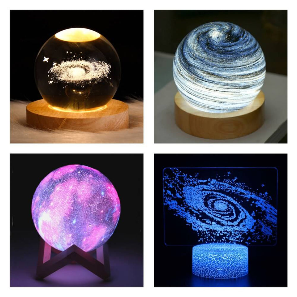 large choix de lampes, veilleuses et éclairages en forme de galaxie