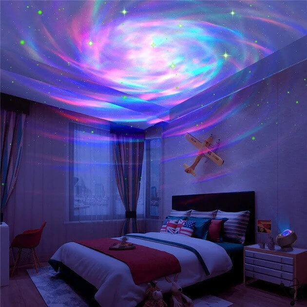 lumière LED galaxie au dessus du lit de la chambre