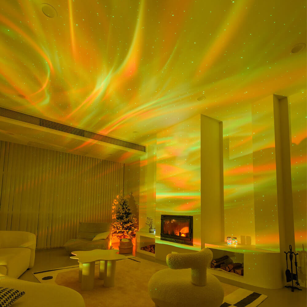 projection d'aurore boréale au salon