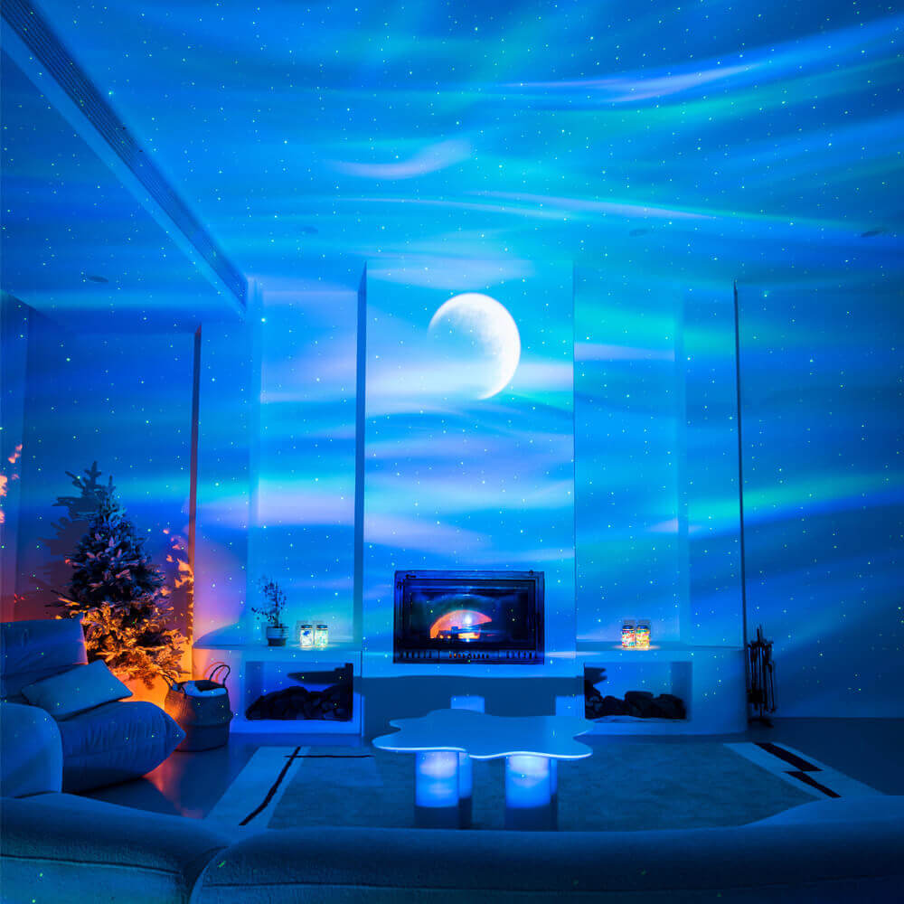 lampe enceinte diffusant des aurores boreales et de la musique dans la chambre